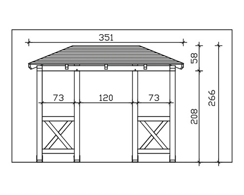 Technische tekening van een tuinpaviljoen met afmetingen