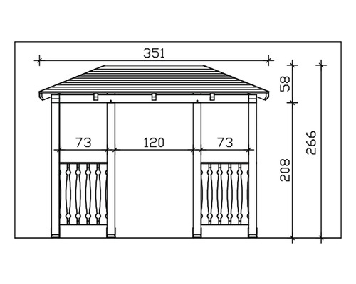 Technische tekening van een tuinpaviljoen met afmetingen.