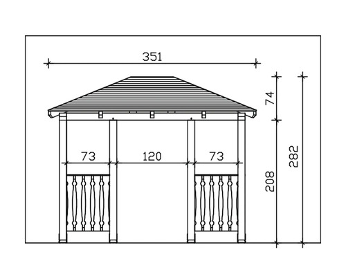 Tekening van een tuinpaviljoen met afmetingen