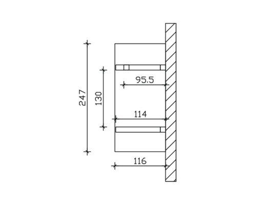 Technische tekening van een badkamerplank met afmetingen