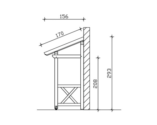 Technische tekening van een gereedschapsschuur met afmetingen