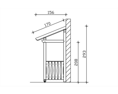 Technische tekening van een tuinhuis met afmetingen