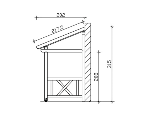 Technische tekening van een aanbouw-gereedschapsschuur met afmetingen