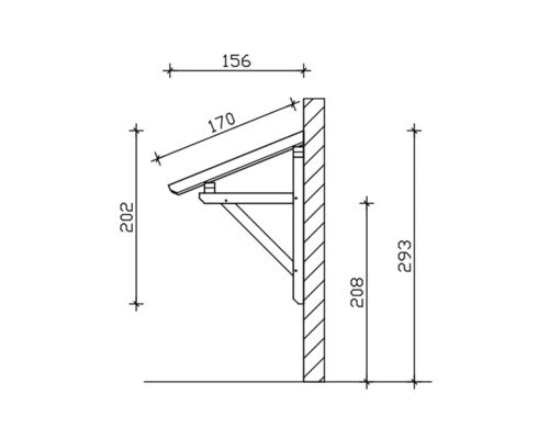 Technische tekening van een deurafdak met afmetingen