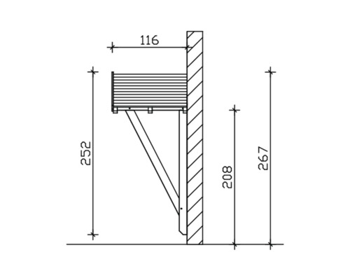 Technische tekening van een inklapbare wandtafel met afmetingen