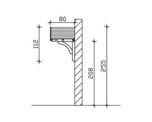 Technische tekening van een rolluikkast met afmetingen