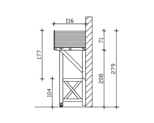 Technische tekening van een gemonteerde wandtafel met maatvoering