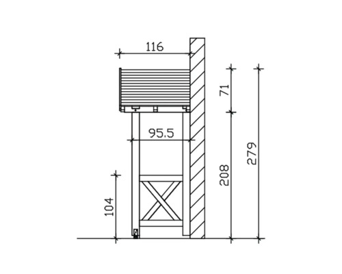 Technische tekening van een verhoogde tuinbak met afmetingen