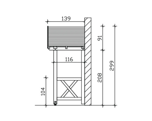Technische tekening van een rolluik met afmetingen