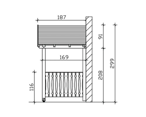 Technische tekening van een terrasoverkapping met afmetingen