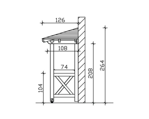 Technische tekening van een houten rek met afmetingen