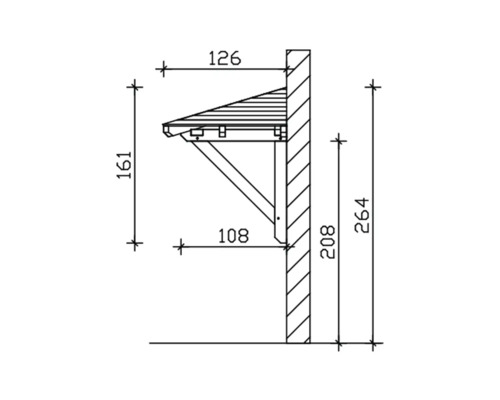 Technische tekening van een houten deurafdak met afmetingen.