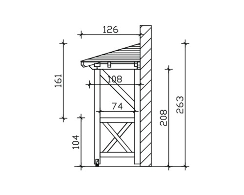 Technische tekening van een houten rek met maatvoering