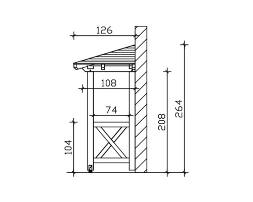 Technische tekening van een tuinhuis met afmetingen