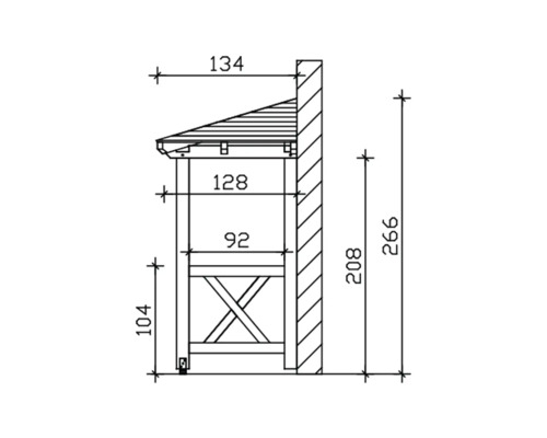 Technische tekening van een houten rek met afmetingen.