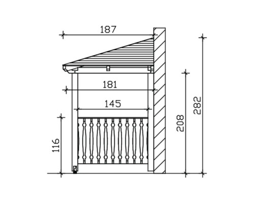 Technische tekening van een tuinhuis met afmetingen