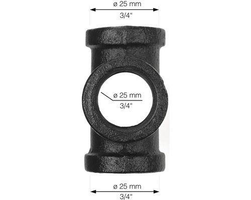 Zwart tempergegoten T-stuk met een diameter van 25 mm