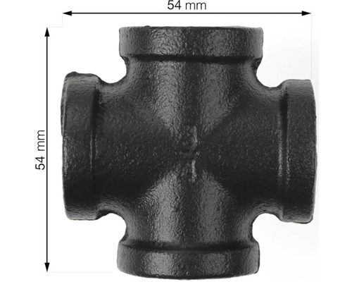 Zwart kruisstuk van tempergietijzer met een afmeting van 54 mm