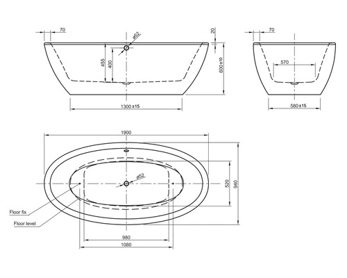 Technische tekening van een ligbad met afmetingen