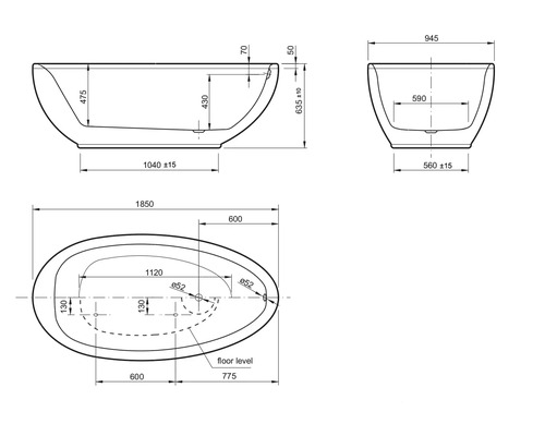 Technische tekening van een badkuip met afmetingen