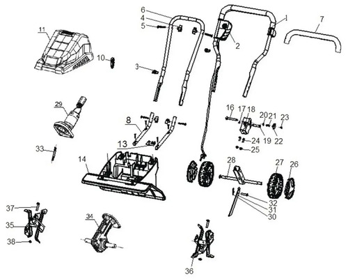 Explosietekening van een grasmaaier met diverse onderdelen