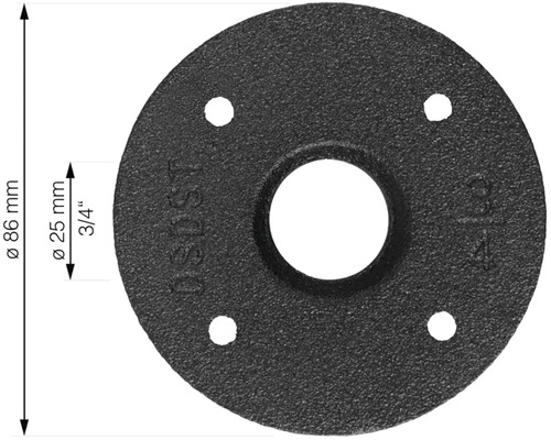 Gietijzeren vloerflens met een diameter van 86 millimeter en een binnendraadmaat van 3/4 inch.