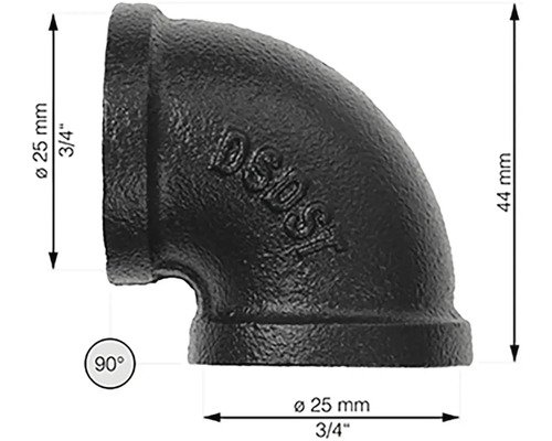 Zwarte buiskoppeling van smeedbaar gietijzer met een hoek van 90 graden en een diameter van 25 mm