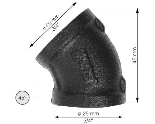 Gietijzeren fitting, 45 graden bocht, diameter 25 mm