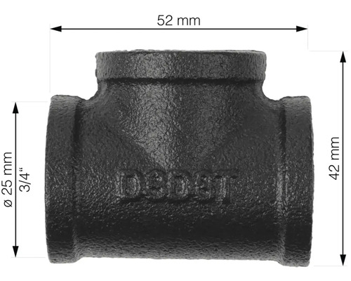 T-stuk van gietijzer met afmetingen van 52 mm en 42 mm en een diameter van 25 mm