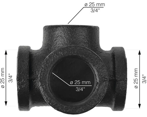 Zwart T-stuk met een diameter van 25 mm