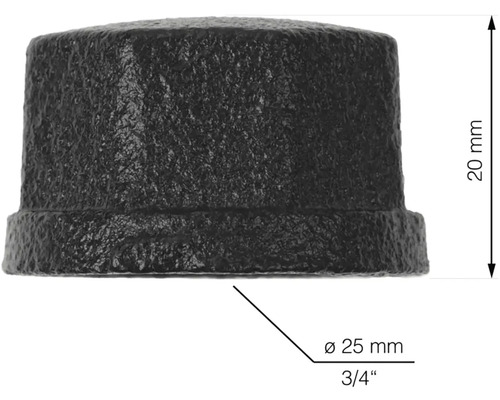 Fitting eindkap van gietijzer, diameter 25 millimeter