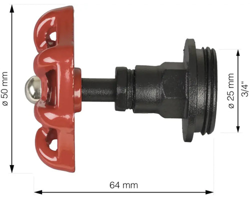 Metalen kraan met afmetingen van 50 millimeter, 25 millimeter en 64 millimeter