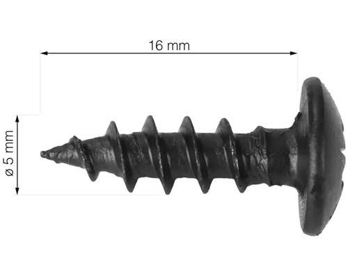 Zwarte 16 mm houtschroef met een diameter van 5 mm