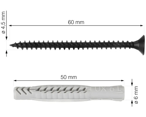 Afbeelding van een schroef van 60 millimeter en een plug van 50 millimeter met afmetingen