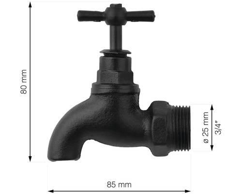 Metalen waterkraan met afmetingen van 80 mm hoog en 85 mm lang