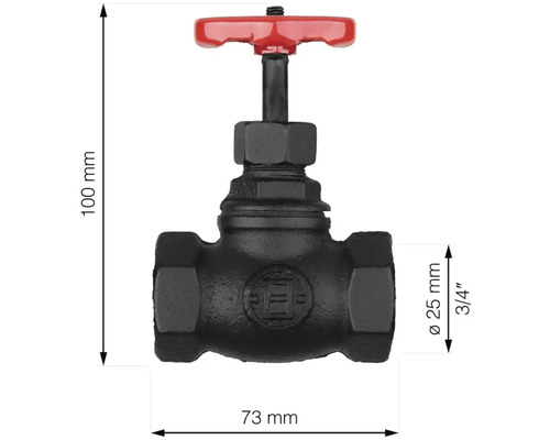 Afsluitklep van gietijzer met rood handwiel, afmetingen 100 x 73 millimeter, aansluitdiameter 25 millimeter komt overeen met 3/4 inch