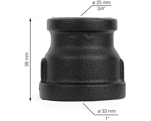 Gietijzeren verloopstuk, 25 mm naar 33 mm