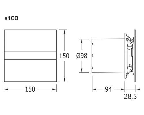 Technische tekening van een wandventilator met afmetingen van 150 x 150 millimeter en een diameter van 98 millimeter