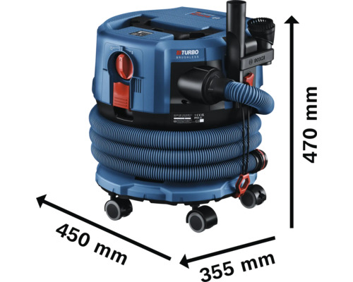 Bosch stofzuiger met de afmetingen 470 mm hoogte, 450 mm breedte en 355 mm diepte.