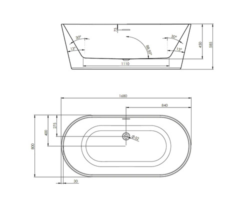 Technische tekening van een badkuip met afmetingen