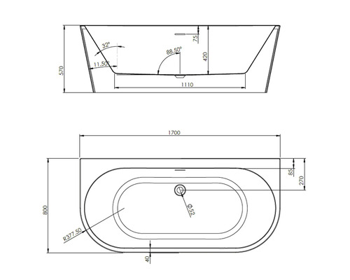 Technische tekening van een ligbad met afmetingen