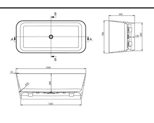 Technische tekening van een ligbad met maatvoering