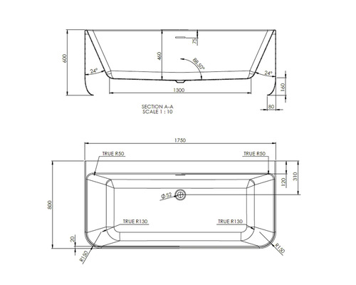 Technische tekening van een badkuip met afmetingen