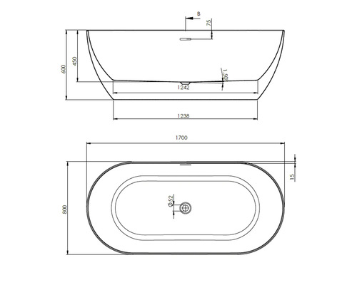 Technische tekening van een vrijstaand bad met afmetingen