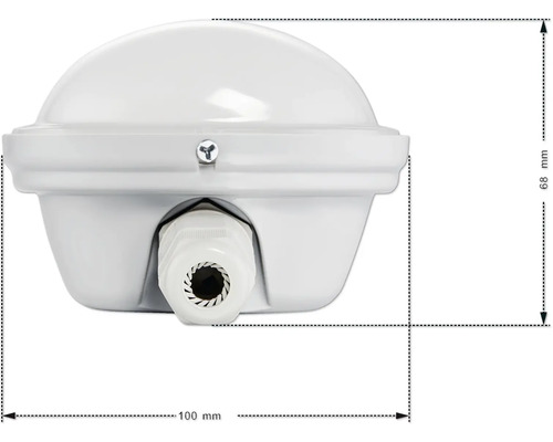 Detailopname van een witte buitenlamp met afmetingen van 100 mm breed en 68 mm hoog