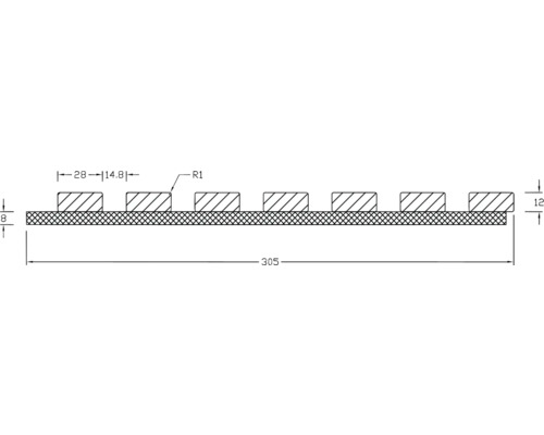 Technische tekening van een afstandhouder met de afmetingen 305 mm lengte, 8 mm hoogte en 12 mm dikte.