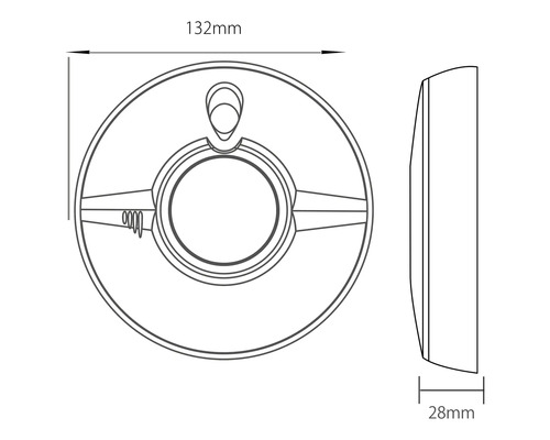 Technische tekening van een ronde plafondlamp met afmetingen van 132 millimeter breed en 28 millimeter hoog.