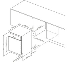 Producttekening van een vaatwasser met afmetingen