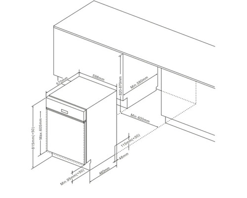 Producttekening van een vaatwasser met afmetingen