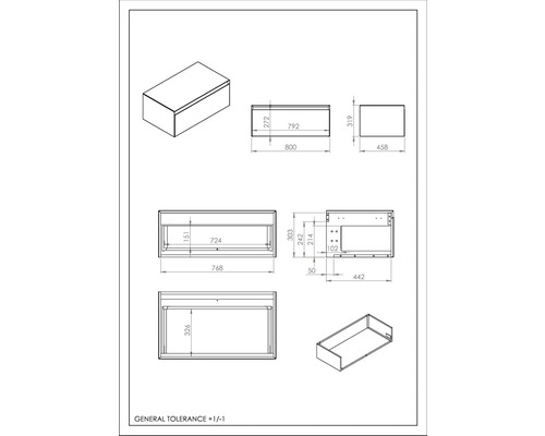 Technische tekening van een lade-element met maatgegevens